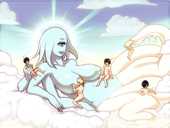 big_breasts blonde_hair blue_body blue_skin blush breastfeeding breasts bright cloud erection female genitals glistening group hair heart_symbol huge_breasts human_on_humanoid interspecies male male_prey nipples not_furry nude outside penis sky sun tentacles vore yellow_eyes modeseven alien cyclops deity human humanoid mammal 4:3