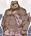 anthro belly brown_body brown_fur clothing fur heart_symbol male moobs navel nipples overweight overweight_anthro overweight_male pillow solo underwear motogen bear mammal 2014