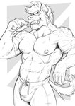 5_fingers abs anthro areola arm_support arm_tuft badcoyote biceps big_bulge big_muscles biped black_and_white body_hair bulge cheek_tuft claws clothed clothing detailed_bulge ear_piercing facial_tuft finger_claws fingers fur gauged_ear grin grinning_at_viewer hair happy_trail hi_res holding_object hyena long_hair looking_at_viewer male mammal markings mohawk monochrome muscular muscular_anthro muscular_male navel neck_tuft nipples object_in_mouth open_mouth open_smile pecs piercing portrait pubes sharp_teeth shoulder_tuft simple_background smile smiling_at_viewer solo spots spotted_body spotted_fur spotted_hyena standing sweatpants teeth three-quarter_portrait toothpick toothy_grin topless topless_anthro topless_male tuft white_background