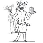 anthro antlers apron beverage bottomwear clothed clothing container cup drinking_straw duo eyebrows eyes_closed fingers fully_clothed fur hair hand_on_hip hand_on_own_hip holding_tray hooved_fingers hooves horn looking_at_another male male_anthro midriff navel pants scut_tail shirt short_tail smile standing tail topwear unguligrade waiter waiter_tray dyyrlysh fluffyc0bra kristoffer_everglade deer mammal new_world_deer white-tailed_deer 1:1 2020 artist_collaboration digital_drawing_(artwork) digital_media_(artwork) greyscale monochrome