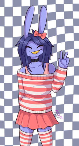 4_fingers anthro bangs bare_shoulders black_hair bottomwear breasts checkered checkered_background choker clothed clothing eyelashes eyes_closed female fingers footwear gesture hair hand_gesture head_bow jewelry legwear long_ears long_hair medium_breasts miniskirt multicolored_clothing multicolored_footwear multicolored_socks multicolored_sweater multicolored_topwear necklace off_shoulder pattern_background pattern_clothing pattern_footwear pattern_legwear pattern_socks pattern_sweater pattern_topwear purple_body red_bottomwear red_bow red_clothing red_footwear red_skirt red_socks red_sweater red_topwear simple_background skirt slim_female smile smiling_at_viewer socks solo striped_clothing striped_footwear striped_socks striped_sweater striped_topwear stripes sweater teeth topwear v_sign white_clothing white_footwear white_socks white_sweater white_topwear yellow_teeth pussypillbugs glitch_productions the_amazing_digital_circus gooseworx's_post-transition_jax_design jax_(tadc) lagomorph leporid mammal rabbit 2026 absurd_res cel_shading half-length_portrait hi_res portrait shaded watermark trans_(lore) trans_woman_(lore)