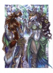 anklet anthro belly_dancer birch_tree blush bottomwear brown_eyes clothed clothing dancing duo feathers female female/female fur grass green_eyes hair jewelry loincloth long_hair markings navel plant skirt smile tail tree tribal cockiestspaniel luthien canid canine canis mammal wolf 2012 hi_res