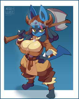 anthro armor axe battle_axe big_breasts blue_border border breasts chest_spike cleavage clothed clothing eye_scar facial_scar female green_eyes hand_on_hip hand_spike headgear helmet holding_battle_axe holding_melee_weapon holding_object holding_weapon melee_weapon scar solo spikes spikes_(anatomy) standing tail weapon negullust nintendo pokemon generation_4_pokemon lucario pokemon_(species) 4:5 hi_res