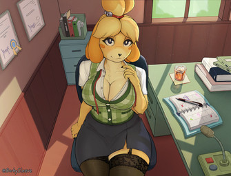5_fingers anthro big_breasts blush blush_stickers breasts chair cleavage clothed clothing female female_anthro fingers fur furniture inside looking_at_viewer office office_chair sitting smile solo undressing yellow_body yellow_fur borkysleeve animal_crossing nintendo isabelle_(animal_crossing) canid canine canis domestic_dog mammal shih_tzu toy_dog 2026 digital_media_(artwork) hi_res