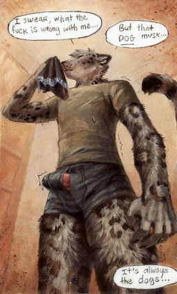anthro blush bodily_fluids boxer_briefs claws clothing erection finger_claws fur genital_fluids genitals grey_body grey_fur holding_clothing holding_object holding_underwear leopard_spots low-angle_view male penis precum shirt sniffing sniffing_clothes solo speech_bubble spots t-shirt tail tenting topwear underwear akatan_art felid mammal pantherine snow_leopard 2026 absurd_res hi_res painting_(artwork) signature traditional_media_(artwork) traditional_painting_(artwork) traditional_watercolor_(artwork) watercolor_(artwork)