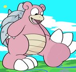 3_claws 3_toes ambiguous_gender city claws cloud feet macro multicolored_body open_mouth paws pink_body pink_skin river sky solo sun toe_claws toes two_tone_body discardigan nintendo pokemon generation_1_pokemon pokemon_(species) slowbro hi_res