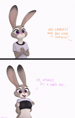 bra clothed clothing clothing_lift dialogue female fur grey_body grey_fur muscular muscular_female purple_eyes shirt shirt_lift simple_background solo sports_bra text topwear underwear white_background starburst_uwu bra_strap_showing_(meme) disney zootopia judy_hopps lagomorph leporid mammal rabbit comic english_text hi_res meme signature