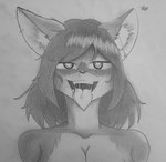 ahegao ani_(character) animal_eyes anime_style anthro bodily_fluids breasts domestic_cat felid feline felis female gradient hair hi_res long_hair looking_pleasured mammal medium_breasts nezumi_hiwatashi nude open_mouth purple_eyes saliva screen screen_face sketchogolik smile solo teeth tongue tongue_out traditional_media_(artwork)