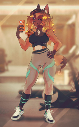 anthro athletic_pants breasts cellphone clothing electronics female footwear gradient_hair gym hair mirror mirror_selfie phone selfie shirt shoes smartphone sneakers solo tank_top topwear cookie_choo apple_inc. iphone josie_dubois canid canine canis domestic_dog herding_dog malinois_dog mammal pastoral_dog sheepdog absurd_res hi_res trans_(lore) trans_woman_(lore)