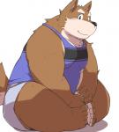 anthro belly biped bottomwear brown_body brown_fur clothed clothing fur humanoid_hands male overweight overweight_anthro overweight_male shirt shorts simple_background sitting solo tank_top topwear white_background ayame42612 canid canine mammal