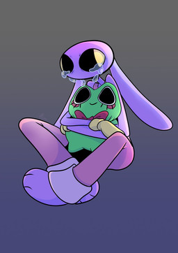 anthro big_pupils bodily_fluids crossed_arms crying dilated_pupils ears_down hug hugging_object hugging_plushie male mouthless pivoted_ears plushie pupils sitting sitting_on_ground solo tears screaming_alice glitch_productions the_amazing_digital_circus jax_(tadc) ribbit_(tadc) amphibian frog lagomorph leporid mammal rabbit