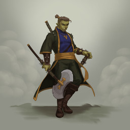 axe battle_axe blue_clothing blue_eyes blue_topwear boots bottomwear brown_boots brown_clothing brown_footwear brown_hair clothed clothing footwear green_body green_bottomwear green_clothing green_skin green_topwear hair hair_bun holding_axe holding_object looking_at_viewer male male_humanoid shoes solo standing topwear edvardiko humanoid 1:1 absurd_res full-length_portrait hi_res portrait