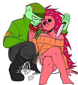 anthro boots clothed clothing collar crossed_legs duo evil_grin female footwear fur green_body green_fur headgear headwear holding_collar holding_object holding_weapon knife male military_clothing off_shoulder red_body red_fur shoes simple_background smile studded_collar studs sweater topwear weapon ev_htf happy_tree_friends flaky_(htf) flippy_(htf) fliqpy_(htf) bear mammal porcupine rodent hi_res