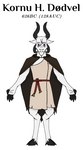 anthro black_claws black_hooves black_horn bovid cape caprine caprine_demon claws clothing cornelius_deadwell deadwell_(artist) demon fangs front_view fur goat_demon hooves horn male mammal model_sheet polycerate purple_eyes rags rocky_mountain_goat shirt solo teeth topwear tunic white_body white_fur