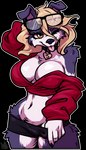 2023 alpha_channel anthro atryl big_breasts blep blonde_hair blue_body blue_fur border_collie bottomwear breasts canid canine canis cheek_tuft clothed clothing collar collie diane_(drako1997) digital_media_(artwork) domestic_dog eyelashes eyewear eyewear_on_head facial_tuft female floppy_ears fur glasses glasses_on_head hair herding_dog hotpants huge_breasts mammal midriff navel one_eye_closed pastoral_dog sheepdog shorts simple_background solo tongue tongue_out topwear transparent_background tuft yellow_eyes