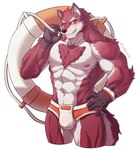 abs anthro biceps blush body_hair bottomwear chest_hair chest_tuft clothing fur male muscular muscular_anthro muscular_male nipples red_body red_fur solo teacher tuft uiokv knights_college diederich_olsen canid canine mammal absurd_res hi_res