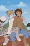 abs anthro athletic balls biceps bottomwear clothed clothing cloud darkou_(character) demicoeur digital_media_(artwork) duo felid flaccid foreskin fur genitals humanoid_genitalia humanoid_penis leopard leopard_spots lion looking_at_viewer male male/male mammal muscular nude one_eye_closed open_bottomwear open_clothing open_pants outside pantherine pants partially_retracted_foreskin pecs penis pubes sitting sky snow_leopard spots topless wink