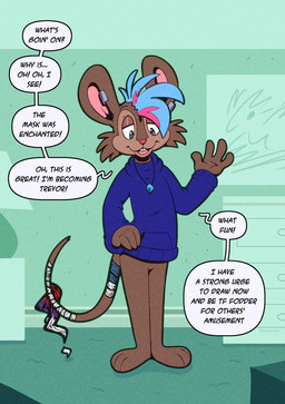 after_transformation ambiguous_gender anthro blue_clothing blue_eyes blue_sweater blue_topwear brown_body brown_fur buckteeth clothing dialogue fur implied_transformation jewelry looking_down mouse_tail necklace pendant red_nose smile solo speech_bubble sweater tail tail_wraps teeth text topwear transformation wraps trevor-fox trevor-fox_(character) mammal mouse murid murine rodent english_text hi_res nonbinary_(lore)