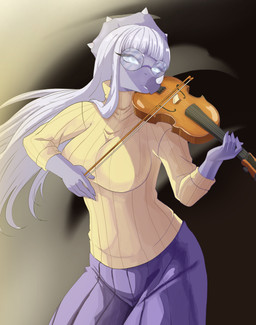 anthro big_breasts biped bottomwear bowed_string_instrument breasts clothed clothed_anthro clothed_female clothing eyewear facial_horn female fingers glasses grey_body grey_hair grey_scales hair half-closed_eyes holding_violin horn humanoid_hands long_hair musical_instrument narrowed_eyes non-mammal_breasts pants playing_music playing_violin pose purple_bottomwear purple_clothing purple_pants round_glasses scales solo standing string_instrument sweater topwear violin yellow_clothing yellow_sweater yellow_topwear puffycrow devlog:_a_post-modern_college_experience abigail_(devlog) centrosaurine ceratopsian ceratopsid dinosaur marginocephalian ornithischian prehistoric_species reptile scalie styracosaurus 2025 absurd_res colored half-length_portrait hi_res portrait shaded