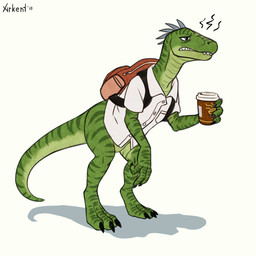 backpack beverage bottomless clothed clothing coffee shirt solo tail topwear cleiarkent dinosaur prehistoric_species reptile scalie 1:1 hi_res