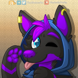 anthro black_body black_fur blep cheek_tuft closed_smile ear_piercing ear_ring facial_tuft fur glistening glistening_eyes hair hood looking_at_viewer male mouth_closed neck_tuft one_eye_closed pawpads piercing pink_tongue purple_body purple_fur purple_hair purple_nose purple_pawpads ring_piercing short_hair smile solo tongue tongue_out tuft thecluelessfox verne_nicolaio canid canine canis mammal wolf 1:1 absurd_res bust_portrait hi_res portrait