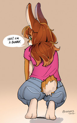 anthro arm_markings barefoot biped black_text blue_bottomwear blue_clothing blue_jeans blue_pants bottomwear brown_body brown_ears brown_eyebrows brown_fur brown_hair brown_markings butt butt_focus clothed clothed_anthro clothed_female clothing countershade_arms countershade_face countershade_fur countershade_tail countershading crouching denim denim_bottomwear denim_clothing dialogue eyebrow_through_hair eyebrows feet female female_anthro fluffy fluffy_tail fur furgonomic_bottomwear furgonomic_pants furgonomics green_eyes grey_text hair jeans long_hair looking_at_viewer looking_back looking_back_at_viewer markings multicolored_body multicolored_fur multicolored_hair multicolored_tail pants pink_clothing pink_nose pink_shirt pink_topwear plantigrade rabbit_ears raised_heel rear_view shirt short_tail simple_background soles solo speech_bubble tail tail_clothing talking_to_viewer tan_background tan_body tan_fur tan_hair tan_tail text tiptoes topwear translucent translucent_hair tuft two_tone_hair two_tone_tail white_body white_countershading white_feet white_fur white_inner_ear white_tail luxar92 connie_(luxar92) lagomorph leporid mammal rabbit 2025 artist_name dated english_text full-length_portrait hi_res portrait