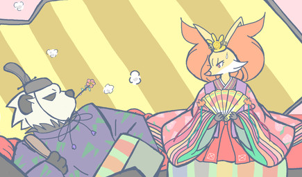 ambiguous_gender anthro asian_clothing bodily_fluids cheek_tuft clothed clothed_anthro clothing detailed_background duo east_asian_clothing eye_contact facial_tuft flower flower_in_mouth folding_fan folding_screen front_view fur hand_fan headgear headwear holding_object inner_ear_fluff japanese_clothing kanmuri_(headwear) kimono looking_aside looking_at_another pattern_clothing plant print_clothing sitting sweat sweatdrop tuft gd-058 hinamatsuri nintendo pokemon bear canid canine delphox generation_6_pokemon mammal pangoro pokemon_(species) 2019 digital_media_(artwork) hi_res japanese_description