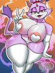 5_fingers anthro areola armwear big_breasts biped breasts clothed clothing elbow_gloves eyelashes female female_anthro fingers front_view gesture gloves hair hand_gesture handwear huge_breasts legwear open_mouth pasties pink_areola pupils purple_body simple_background smile solo thick_thighs thigh_highs v_sign jyto sega sonic_the_hedgehog_(series) blaze_the_cat domestic_cat felid feline felis mammal 2025 3:4 digital_media_(artwork) hi_res portrait three-quarter_portrait