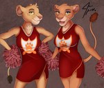 anthro big_breasts blue_eyes breasts cheerleader cheerleader_outfit duo female female/female green_eyes looking_at_viewer pom_poms smile smiling_at_viewer young jace_apollo disney the_lion_guard the_lion_king tiifu_(the_lion_guard) zuri_(the_lion_guard) felid lion mammal pantherine