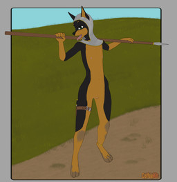 abstract_background anklet anthro armor bedroom_eyes black_body black_fur blush body_blush chainmail dirt dirt_road dirty dirty_feet female flat_chested fur genitals glistening glistening_eyes grass green_eyes jewelry knife loli looking_at_viewer melee_weapon mostly_nude narrowed_eyes navel nipples open_mouth paws pink_nipples pink_tongue plant polearm seductive sky solo spear straps suggestive suggestive_pose teeth thigh_strap tongue tongue_out unconvincing_armor vulva vulva_blush weapon young coffeekit canid canine canis dobermann domestic_dog mammal pinscher colored hi_res