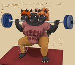 3_heads 5_fingers anthro arms_bent bangs barbell barbell_piercing barefoot belly bent_legs big_belly big_breasts black_body black_fur black_nose blue_eyes bottomwear breasts breath claws closed_smile clothed clothed_anthro clothed_female clothing crouching exercise eyebrows facial_scar fangs feet female female_anthro finger_claws fingers floor_mat fluffy_arms fully_clothed fully_clothed_anthro fully_clothed_female fur hair hair_bun hand_pawpads holding_barbell light lips logo long_hair lyrics mouth_closed multi_head muscular muscular_anthro muscular_female musical_note musical_symbol navel_outline notched_ear open_mouth orange_bottomwear orange_claws orange_clothing orange_eyebrows orange_pants orange_pawpads panting pants pawpads piercing pink_scar pink_tongue ponytail pregnant pregnant_anthro pregnant_female red_clothing red_lips red_shirt red_t-shirt red_topwear scar shirt short_hair simple_background smile solo symbol t-shirt teeth text_on_t-shirt thick_thighs toe_claws tongue topwear wavy_hair weightlifting whiskers workout yellow_background skywater european_mythology greek_mythology lizzo mayternity mayternity_2025 mythology cerbelle_trimaktikos canid canid_demon canine cerberus demon hellhound mammal mythological_canine mythological_creature 2025 absurd_res artist_logo colored digital_drawing_(artwork) digital_media_(artwork) hi_res lighting shaded