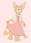 blep brown_eyes clothing clothing_pull dress dress_pull feet female fennec_ears fur fur_markings hindpaw holding_clothing holding_object jewelry long_tail markings necklace one_leg_up pawpads paws pink_clothing pink_dress purple_ribbon raised_leg solo standing tail tan_body tan_fur tongue tongue_out blankit canid canine fennec_fox fox mammal true_fox