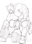 abs anthro biceps big_muscles bulge clothed clothing exercise feet fur huge_muscles looking_at_viewer male muscular muscular_anthro muscular_male nipples pecs simple_background sitting solo tail underwear vein weightlifting weights workout oldshep aggretsuko sanrio haida_(aggretsuko) hyena mammal spotted_hyena digital_media_(artwork) hi_res monochrome