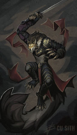 anthro armor attack battle brown_body claws curtains fangs fluffy fluffy_tail fur male melee_weapon pigtails pounce smile solo sword tail teeth weapon white_body yellow_eyes cu_sith_(artist) mythology canid canine mammal mythological_canine mythological_creature werecanid werecanine werecreature werewolf hi_res