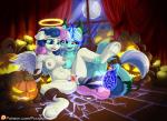 2017 anthro anthrofied areola bodily_fluids bonbon_(mlp) breasts candle cum disembodied_penis duo_focus equid feathered_wings feathers female female/female food friendship_is_magic fruit full_moon genital_fluids genitals group hair halloween halo hasbro holidays hooves horn inside lyra_heartstrings_(mlp) male mammal moon multicolored_hair my_little_pony nipple_piercing nipples nude open_mouth patreon patreon_logo penis piercing plant pumpkin pusspuss pussy restrained spread_legs spreading text two_tone_hair underhoof url wings