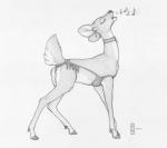 2018 clothed clothed_feral clothing collar deer ear_piercing ecmajor eyes_closed female feral hooves lingerie mammal monochrome mostly_nude musical_note new_world_deer piercing side_view simple_background singing sketch solo traditional_media_(artwork) white-tailed_deer white_background