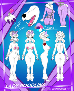 accessory anthro big_breasts big_butt big_hair big_nipples blue_eyes boots bow_ribbon breasts butt clothing colored_nails diamond_(gem) female footwear fur gem genitals hair high_heeled_boots high_heels jumpsuit larger_female looking_at_viewer nails nipples nude open_mouth pink_nipples pink_vulva ring shoes size_difference solo teeth thick_thighs vulva white_body white_fur sugarpoodle epic_games fortnite background_character lady_poodlina canid canine canis domestic_dog mammal poodle absurd_res hi_res model_sheet
