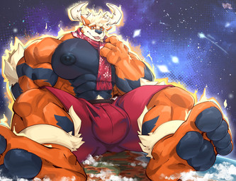 abs anthro barazoku barefoot biceps big_bulge big_feet big_muscles big_pecs biped bottomwear bulge clothed clothing detailed_background feet fur heterochromia holidays huge_bulge huge_feet huge_muscles huge_pecs macro male male_anthro muscular muscular_anthro muscular_male nipples pawpads pecs planet planet_dwarfing scarf shorts shorts_only sitting soles solo terra_macro tongue tongue_out topless oinu_kori christmas nintendo pokemon kori_(oinu_kori) arcanine canid canine generation_1_pokemon mammal pokemon_(species) digital_media_(artwork) hi_res