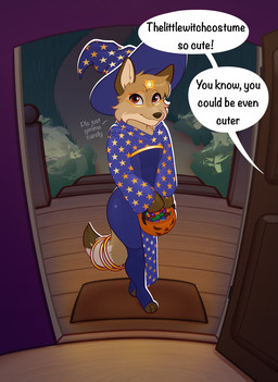 anthro candy clothed clothing costume dessert female food fur halloween_costume halloween_themed hat headgear headwear holidays markings ring ring_(marking) ringed_tail solo speech_bubble striped_markings striped_tail stripes tail tail_markings text transformation transformation_sequence sjevi halloween canid canine canis jackal mammal digital_drawing_(artwork) digital_media_(artwork) english_text hi_res