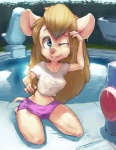 anthro blonde_hair blue_eyes breasts buckteeth clothed clothing female hair holding_object holding_pencil midriff navel nipple_outline nipples one_eye_closed pencil_(object) shirt solo teeth topwear wet wet_clothing wet_shirt wet_topwear conoghi chip_'n_dale_rescue_rangers disney gadget_hackwrench mammal mouse murid murine rodent 2015