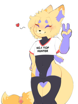 anthro blush bulge clothed clothing crop_top eyes_closed femboy fur gesture hand_gesture hand_on_hip heart_symbol latex latex_clothing latex_legwear latex_skinsuit latex_stockings legwear male shirt simple_background skinsuit smile solo stockings tail text tight_clothing topwear v_sign yellow_body yellow_fur bluchyccheese bluchy canid canine fox mammal 3:4 hi_res