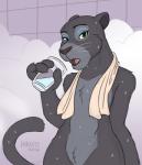 anthro beverage biped black_body black_fur casual_nudity claws female flat_chested food fur glass green_eyes grey_body grey_fur looking_at_viewer melanistic nude open_mouth sharp_teeth shower solo standing teeth towel towel_around_neck water wet whiskers heresy_(artist) disney zootopia naturalist_panther felid mammal pantherine 2016 digital_media_(artwork) hi_res signature