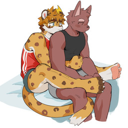 anthro bangs bedding black_clothing black_shirt black_topwear bottomwear brown_body brown_fur brown_markings brown_nose brown_spots cheek_tuft claws clothed clothed_male clothing duo eyebrows facial_tuft fully_clothed fully_clothed_male fur green_eyes grey_bottomwear grey_clothing grey_shorts hair head_tuft hug hugging_another hugging_from_behind kemono looking_at_another male male/male male_anthro markings multicolored_body multicolored_fur orange_body orange_fur pawpads paws pink_pawpads red_clothing red_shirt red_topwear shirt short_hair shorts simple_background sitting snout spots spotted_body spotted_fur tan_body tan_fur thick_eyebrows topwear tuft white_background white_claws joeyzliaotang canid canine canis domestic_dog felid feline mammal colored colored_sketch digital_drawing_(artwork) digital_media_(artwork) hi_res shaded sketch