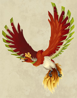 ambiguous_gender beak feathers feral green_body green_feathers multicolored_body multicolored_feathers open_mouth red_body red_eyes red_feathers simple_background solo spread_wings tan_background tongue white_body white_feathers wings yellow_body yellow_feathers kanizo nintendo pokemon avian bird generation_2_pokemon ho-oh legendary_pokemon pokemon_(species) 2015 digital_media_(artwork)