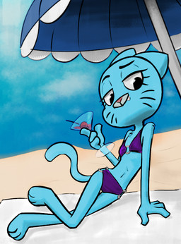 alcohol anthro beach beverage bikini biped blue_sky clothed clothing cloud cocktail female flat_chested lying martini on_side outside purple_clothing purple_swimwear seaside sky solo swimwear thin_calves thin_legs thin_thighs two-piece_swimsuit soulcentinel squitoo third-party_edit cartoon_network the_amazing_world_of_gumball nicole_watterson domestic_cat felid feline felis mammal 2025 color_edit colored
