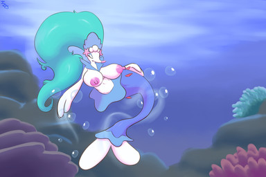 anthro areola big_breasts blue_hair breasts bubble busty_feral eyes_closed female feral hair navel nipples pokemorph solo split_form starfish_(accessory) underwater water wide_hips immortalstar nintendo pokemon ambient_coral ambient_sealife anthozoan aquatic asterozoan cnidarian coral echinoderm generation_7_pokemon mammal merfolk pinniped pokemon_(species) primarina starfish 2016