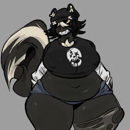 anthro beanie belly belly_overhang big_breasts big_pupils black_beanie black_body black_clothing black_fur black_hair black_hat black_headwear black_shirt black_topwear blue_bottomwear blue_clothing blue_hotpants blue_shorts bottomwear breasts chest_tuft clothing crop_top curvy_figure eyelashes fangs female fluffy fluffy_tail front_view fur glistening_thighs grey_background hair hat headgear headwear hotpants huge_breasts huge_hips huge_thighs long_sleeves multicolored_body multicolored_fur multicolored_hair navel nipple_outline one_stocking_on overweight overweight_anthro overweight_female pear-shaped_figure pink_nose pupils sharp_teeth shirt short_hair shorts simple_background skull_clothing skull_shirt skunk_tail slightly_chubby slightly_chubby_anthro slightly_chubby_female smile solo tail teeth thick_thighs topwear tuft two_tone_body two_tone_fur two_tone_hair voluptuous voluptuous_anthro voluptuous_female wide_hipped_anthro wide_hipped_female wide_hips yellow_sclera mstreetsamurai siouxsie_(ghostfuckrr) mammal mephitid skunk 1:1 2024 colored digital_drawing_(artwork) digital_media_(artwork) hi_res shaded trans_(lore) trans_woman_(lore)