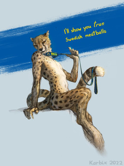 anthro biped black_body black_fur brown_eyes collar digitigrade fur leash leash_pull looking_at_viewer male markings sitting solo spots spotted_body spotted_fur text white_body white_fur yellow_body yellow_fur karbik_(artist) ikea cheetah felid feline mammal 2022 digital_media_(artwork) english_text hi_res