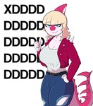 5_fingers anthro big_breasts blonde_hair blue_eyes bottomwear breasts cleavage clothed clothing curvy_figure denim denim_bottomwear denim_clothing eyelashes female fingers gesture hair hand_gesture jacket jeans long_hair long_tail looking_at_viewer magenta_body magenta_scales multicolored_body multicolored_scales pants pink_body pink_scales scales simple_background smile solo spiked_tail spikes spikes_(anatomy) tail thick_thighs thumbs_up topwear torn_bottomwear torn_clothing torn_jeans torn_pants two_tone_body two_tone_scales white_background wide_hips xd op_gero cavemanon_studios i_wani_hug_that_gator mia_moretti dinosaur hadrosaurid ornithischian ornithopod parasaurolophus prehistoric_species reptile scalie 2024 absurd_res digital_drawing_(artwork) digital_media_(artwork) hi_res