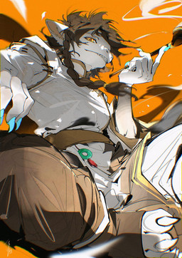 5_fingers amber_eyes amber_pupils anthro asian_clothing belt biped blue_claws bottomwear braided_hair brown_bottomwear brown_clothing brown_hair brown_topwear claws clothed clothed_anthro clothed_male clothing fangs finger_claws fingers foreshortening front_view fully_clothed fully_clothed_anthro fully_clothed_male fur hair holding_object holding_smoking_pipe looking_at_viewer looking_down looking_down_at_viewer low-angle_view male monotone_body monotone_fur orange_background pose pupils simple_background sitting smoke smoking_pipe snout solo tail tail_tuft tan_inner_ear teeth toe_claws topwear tuft white_body white_bottomwear white_clothing white_fur white_sclera white_topwear worm's-eye_view chiayeeee unknown_species 2026 chromatic_aberration colored compression_artifacts digital_drawing_(artwork) digital_media_(artwork) full-length_portrait hi_res portrait signature